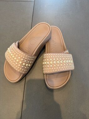 Authentic Jimmy Choo Fitz Imitation Pearl  embellised Slide Sandals size 38